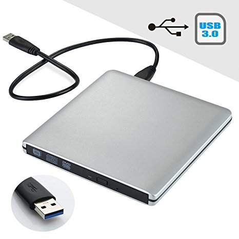 Tabiger USB 3.0 Ultra Slim Portable External DVD\CD-RW DVD\CD-ROM High Speed Super Drive Player Writer Rewriter Burner for iMac Macbook (Pro) Lenovo Dell Acer Sony Asus-Silver