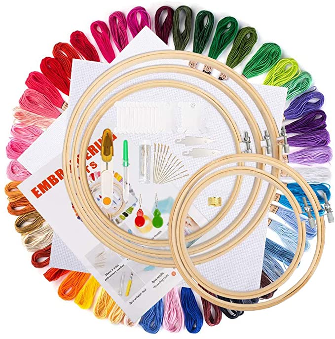Homkare Full Range of Embroidery Starter Kit Including 50 Colors Threads, 5 Bamboo Embroidery Hoops, 2 Aida Cloth, 30 Sewing Pins and Cross Stitch Tool Kit for Beginners and Adults