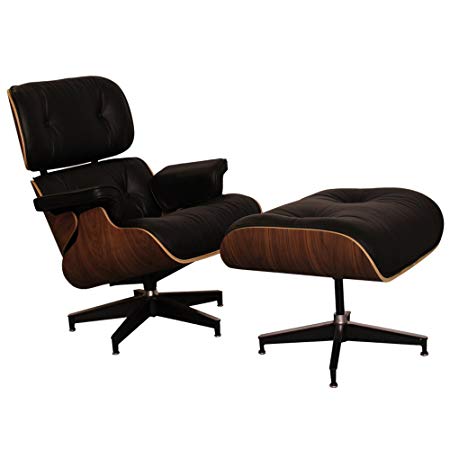 REAL ITALIAN LEATHER LOUNGE CHAIR WITH OTTOMAN ARMCHAIR RECLINER (BLACK LEATHER, WALNUT FINISH)