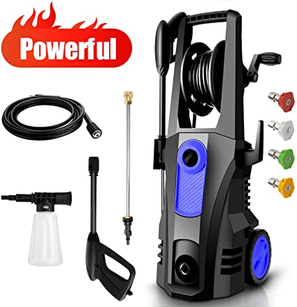 TEANDE 3500PSI Electric Pressure Washer, Car Pressure Washer High Power Washer Cleaner Machine with Hose Reel, 1800W, 2.6GPM, 4 Nozzles for Patio Garden Yard Vehicle (Blue)