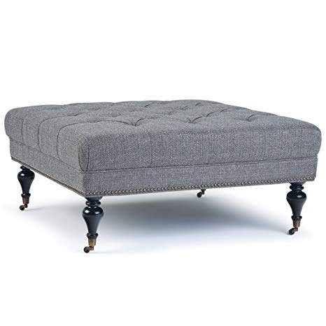 Simpli Home AXCOT-287-PGR Marcus 42 inch Wide Traditional Square Table Ottoman in Pebble Grey Tweed Fabric