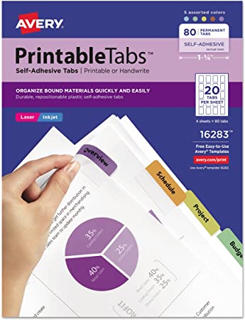 Avery 16283 Printable Plastic Tabs with Repositionable Adhesive, 1 3/4, Assorted (Pack of 80)