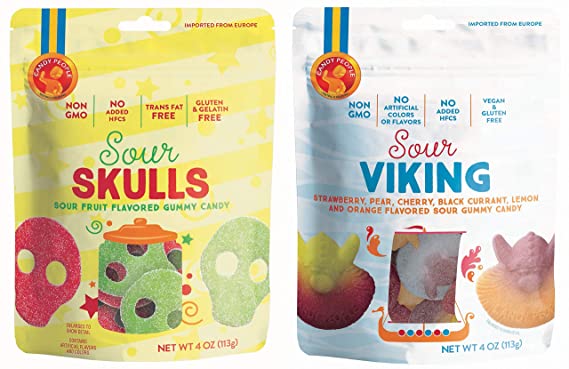 Candy People Sour Skulls and Sour Vikings Fruit Flavored Swedish Gummy Candy 4 Ounce – Non-GMO, Gluten-Free, No Added High Fructose Corn Syrup (2 Pack)