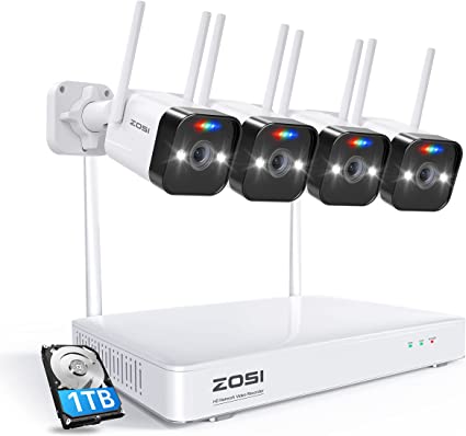 (2-Way Audio) ZOSI 3MP Wireless CCTV Camera System, 8CH H.265  NVR with 1TB HDD, 4pcs Waterproof Outdoor Wireless Security Cameras, Color Night Vision, Motion Detection, Spotlight Siren, W4 Pro