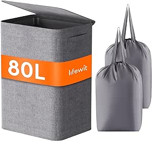 Lifewit Cesto Ropa Sucia con Tapa 80L, Cesta Ropa Sucia con Bolsa Extraíble, Laundry Basket, Cesta de Almacenamiento, Cubo Ropa Sucia Plegable para Baño, Dormitorio, Lavadero, Gris