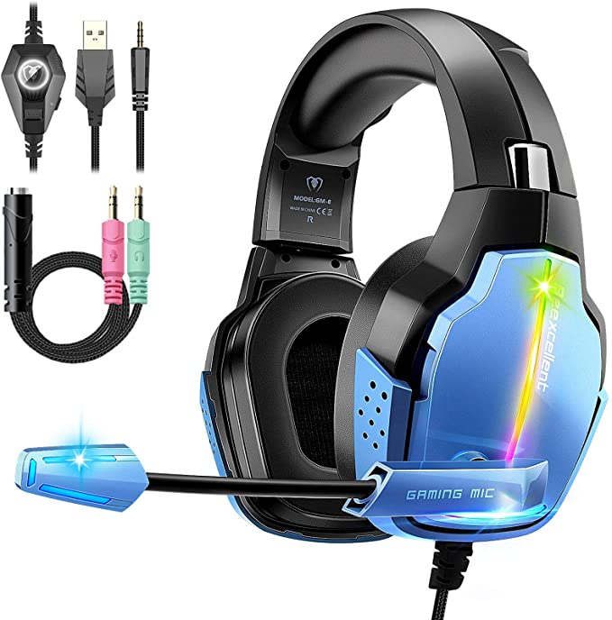 Gaming Headset for PS4 PC with 7.1 Surround Sound 90 Degree Rotation Soft Earmuffs Crystal Clear Mic 4 Mode RGB Lights Compatible with PS5 Xbox One