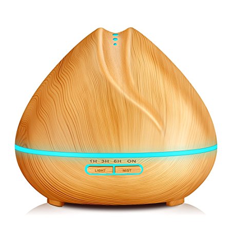 KBAYBO 400ml Humidifier Aroma Essential Oil Diffuser Ultrasonic Air with Wood Grain 7 Color Changing LED Lights for Office Home Bedroom (Dark Wood) (Light Wood)