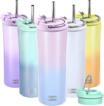 BOTTLE BOTTLE Insulated Coffee Tumblers with Dual-use Lid and Straw Double Walled Iced Travel Coffee Mug for Woman and Man 18 oz Stainless Steel Tumbler with Handle(Pink Blue）