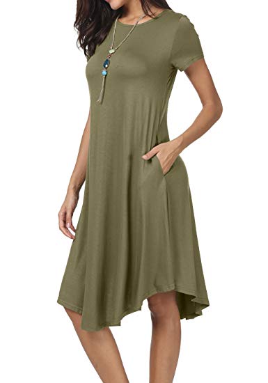 levaca Women's Plain Short Sleeve Loose Swing Casual Midi Dress with Pockects