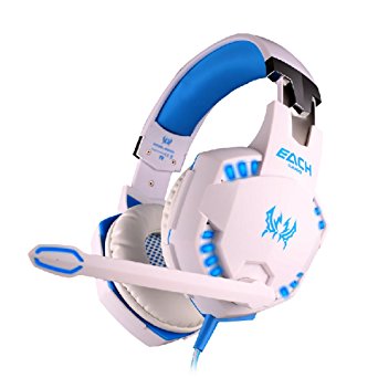 VersionTech White & Blue EACH G2100 Professional 3.5mm LED Light PC Gaming Bass Stereo Noise Isolation Vibration Vibrate Headset Headphone Earphones Headband With Mic Volume Control Microphone HiFi Driver For Laptop Computer Skype Online Chatting