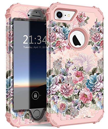 Hocase iPhone 8 Case iPhone 7 Case, Shockproof Protection Heavy Duty Hard Plastic Silicone Rubber Bumper Full Body Protective Case for iPhone 8, iPhone 7 (4.7-Inch Display) - Peony Flowers Rose Gold