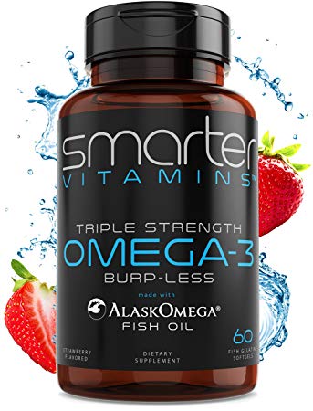 SmarterVitamins Omega 3 Fish Oil, Strawberry Flavor, Burpless, Tasteless, 2000mg, DHA Epa Triple Strength Brain Support, Joint Support, Made with AlaskOmega, Heart Support