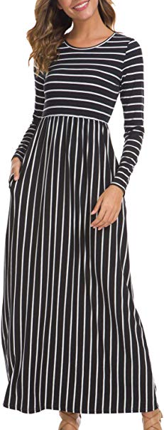 levaca Women's 3/4 Sleeve Elastic Waist Pockets Striped Flare Casual Maxi Dress