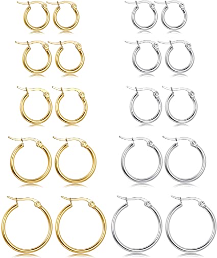 Besteel 5-10 Pairs Stainless Steel Small Hoop Earrings Clasp Gold Tone Silver Tone Hoop Rounded Earrings Set for Women Men Nickel Free