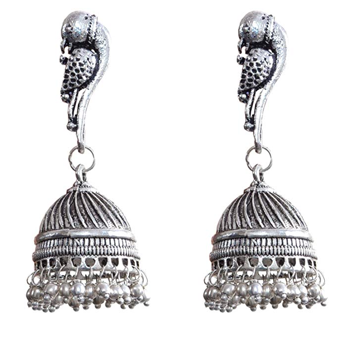 Sansar India Oxidized Silver Plated Parrot Stud Jhumka Jhumki Earrings Indian Jewelry for Girls and Women
