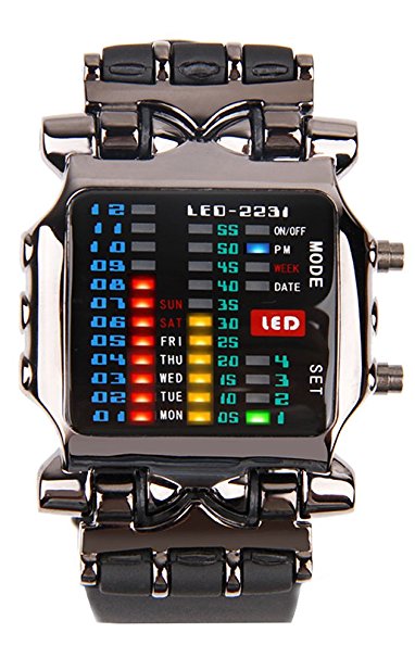 Cool Creative Funky Sports Black Men Boys Rubber Band Colorful LED Date day Binary Digital Clock Gift Watch