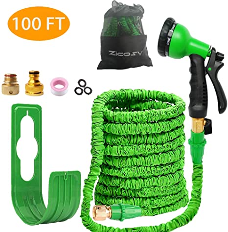 Zicosy Garden Hose-100ft Expandable Hose - Heavy Duty Flexible Leakproof Hose - 8-Pattern High-Pressure Water Spray Nozzle & Bag & Plastic Holder.No Kink Tangle-Free Pocket Water Hose (100)