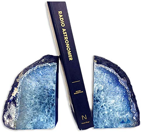 AMOYSTONE Stone Bookends Agate Book Holder for Office Decorative and Home Dyed Blue 3-4 lbs