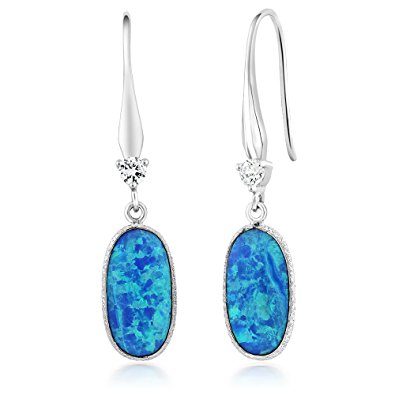 3.00 Ct Blue Created Opal 925 Sterling Silver 15X10MM Ladies Dangle Earrings