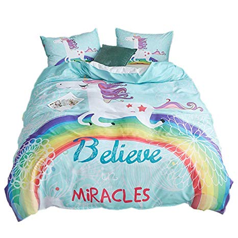 ADASMILE A & S Unicorn Bedding Rainbow Duvet Covers Set 3 Piece Mint Green Cartoon Cute Bed Set for Kids Girls Teens Cute Horse Gifts (Queen)