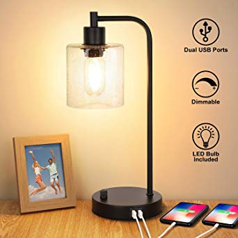 Industrial Table Lamp with 2 USB Ports, Stepless Dimmable Vintage Nightstand Desk Lamp, Seeded Glass Shade Bedside Reading Lamp for Bedroom, Living Room, Office, 6W 2700K LED Edison Bulb Included