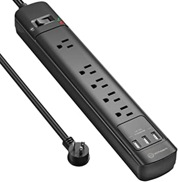 Surge Protector with USB Ports, Witeem Power Strip 5 Outlets and 3 USB Ports, 5V/3.4A Flat Plug, 2100 Joules, 6 Feet Long Extension Cord for iPhone iPad PC Home Office Travel, ETL Listed, Black