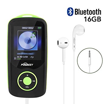 MP3 Player, Puersit HiFi Bluetooth 4.0 16GB Memory Capacity(Expandable up to 64GB) 50 Hours Playback 3500 songs Lossless Sound Music Player, Headphones Included (Green)