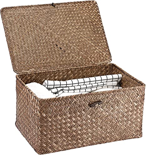 Hipiwe Wicker Shelf Baskets Bin with Lid, Handwoven Seagrass Basket Storage Bins Rectangular Household Basket Boxes for Shelf Wardrobe Home Organizer, Coffee Large