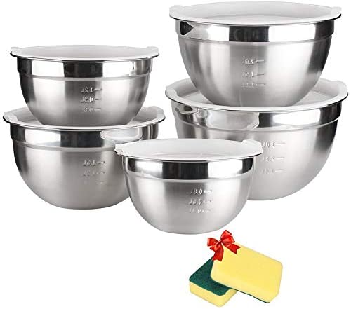 TUXWANG Stainless Steel Bowls Set - 5 in 1 Salad Bowls with Lids and Measurement Markings, Stackable for Storage