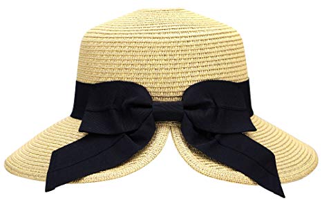 AbbyLexi Women's Pretty Vintage Foldable Straw Hat w/Large Accent Bowtie