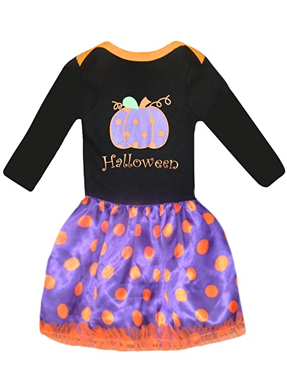 Girls Halloween Costumes Dress Pumpkin Cotton Top   Dot Skirt (5T,black)