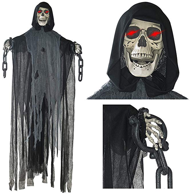 Prextex 5 Ft. Animated Hanging Grim Reaper Skull with Shackles Chains Best Halloween Decoration Prop