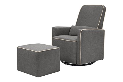 DaVinci Olive Upholstered Swivel Glider with Bonus Ottoman, Dark Grey with Cream Piping