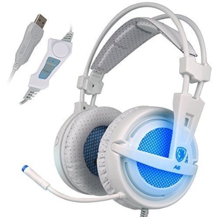 SADES A6 7.1 Virtual Surround Sound USB Headset Over Ear Stereo Gaming Headphones with Microphone Volume Control LED Lights for PC Gamers(White)