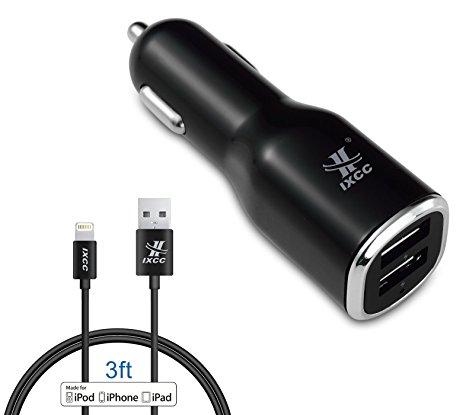 iXCC Dual USB 4.8Amp 24W Car Charger Bundle with 8-Pin Lightning Cable for Apple Devices - Apple MFi Certified, Black