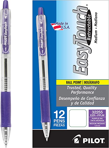 PILOT EasyTouch Refillable & Retractable Ballpoint Pens, Medium Point, Purple Ink, 12-Pack (32255)