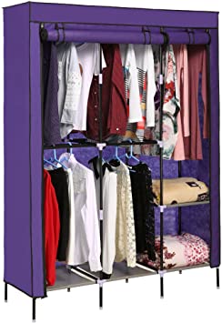 Korie Portable Clothes Closet Wardrobe Storage Double Rod Freestanding Closet with Non-Woven Fabric, Quick and Easy to Assemble (US Stock) (Purple)