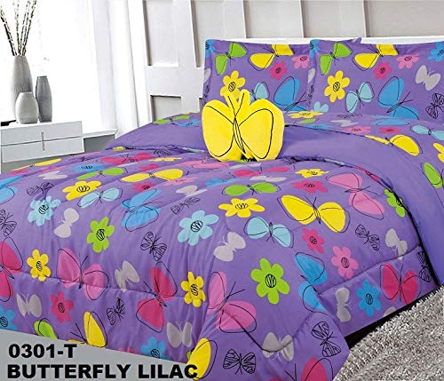 Sapphire Home 6pc Twin Kids Girls Comforter Set Bed in Bag with Shams, Sheet Set & Decorative Toy Pillow, Butterfly Print Purple Lilac Pink Yellow Girls Kids Comforter Bedding w/Sheets,T Butterfly