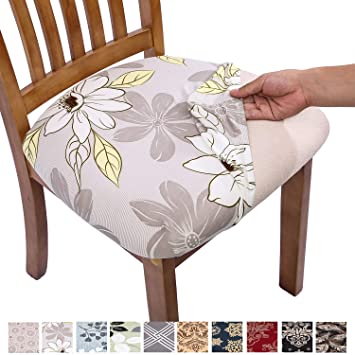 Comqualife Stretch Printed Dining Chair Seat Covers, Removable Washable Anti-Dust Upholstered Chair Seat Cover for Dining Room, Kitchen, Office (Set of 4, Grey Flower)