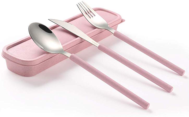 YBOBK HOME Portable Flatware Set with Case Stainless Steel Knife Fork and Spoon Reusable Flatware Set Dishwasher Safe Flatware Utensils with Colored Handle for to Go Anywhere (Pink)