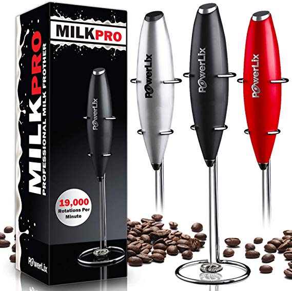 PowerLix Milk Frother Handheld Battery Operated Electric Foam Maker for Coffee, Latte, Cappuccino, Hot Chocolate, Durable Drink Mixer with Stainless Steel Whisk, Stand Include