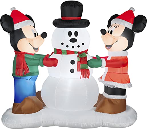 Gemmy Industries Airblown Mickey and Minnie with Snowman Christmas Decoration Multicolored Nylon