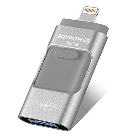 iOS USB Flash Drives for iphone 32GB [3-in-1] Lightning OTG Jump Drive, BQYPOWER External Micro USB Memory Storage Pen Drive, Encrypted Flash Memory Stick for iPhone, iPad, Android and PC (Silver)