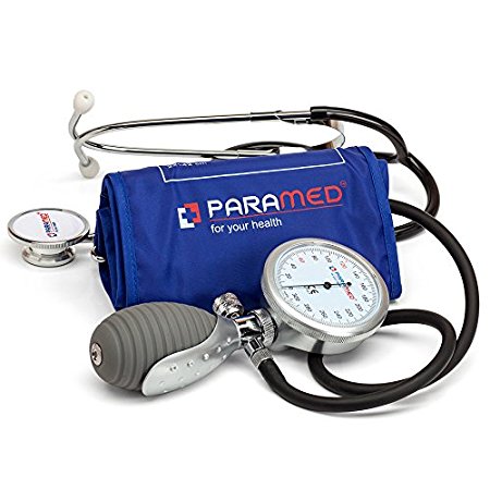 Aneroid Sphygmomanometer with Dual Head Stethoscope and Carrying Case by Paramed – Professional Manual Blood Pressure Cuff – Lifetime Calibration for Guaranteed Accuracy(Dark Blue)