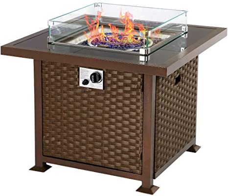 U-MAX 32in Outdoor Propane Gas Fire Pit Table, 50,000 BTU Auto-Ignition Gas Firepit with Glass Wind Guard, Black Tempered Glass Tabletop & Blue Glass Stone, Aluminum Frame&PE Rattan, CSA Certification