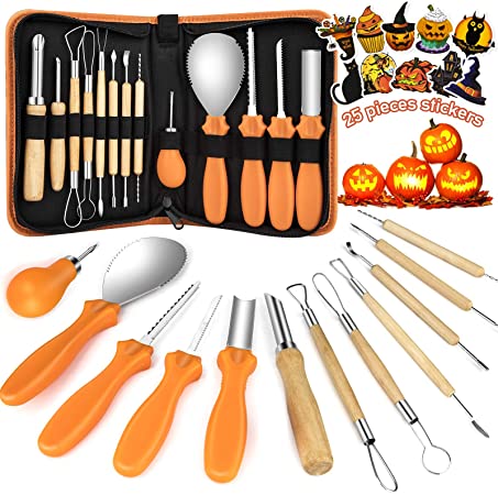 KAQINU Halloween Pumpkin Carving Tool,13 Pcs Professional Stainless Steel Safety Carving Kit Pumpkin Knife Tool with Zipper Storage Case and 25 Pieces Stickers