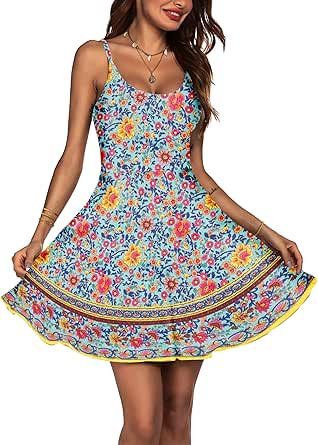 ACEVOG Women's 2024 Summer Dress Adjustable Spaghetti Strap Boho Floral Fit & Flare Beach Sundress