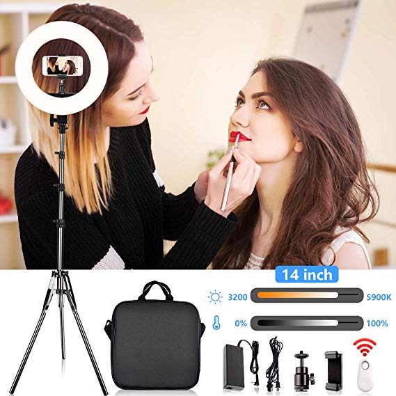 Adjustable 3200-5900K Bi-Color Ring Light, TRAVOR 14 Inches Outer YouTube Makeup Light Dimmable 384 LED Circle Light Kit with 79in Light Stand Phone Holder Remote for Camera Phone Video Photography