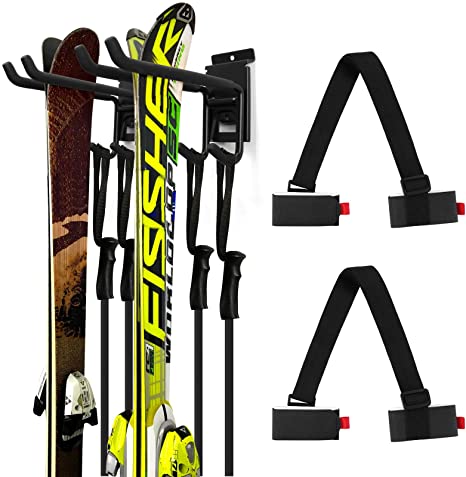 Odoland Ski Storage Rack, Skiing Storage Mount with Ski Strap Carrier, Wall Mounted Rack Organizer for Skis and Poles, Snowboard Wall Mount, Home and Garage Heavy Duty Storage Hanger