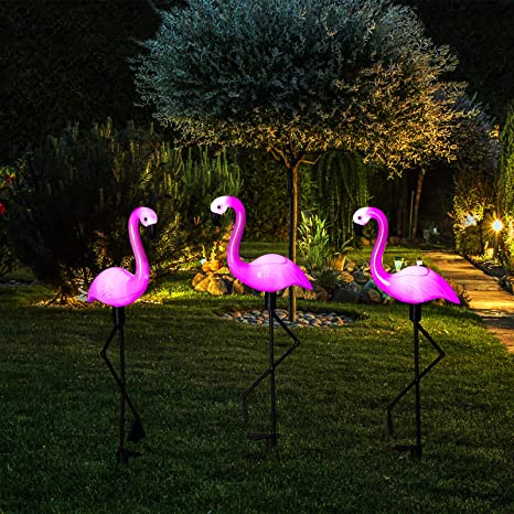 3 Pieces Garden Outdoor Flamingo LED Stake Lights Solar Powered Waterproof for Garden, Lawn, Patio, Pond, Backyard Decor